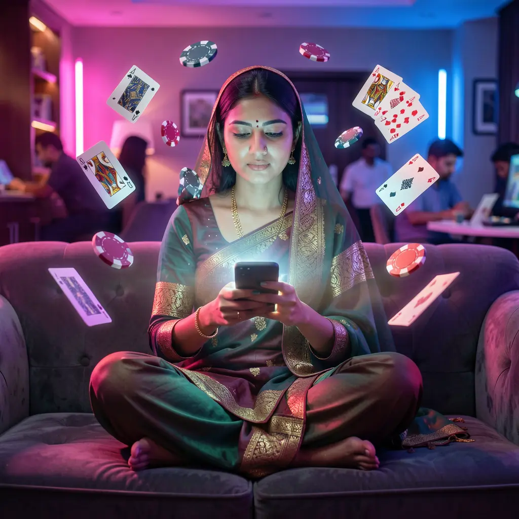 Stylish Bangladeshi woman relaxing on a sofa while using the AAGO casino app with glowing cards and chips floating in a cinematic neon scene