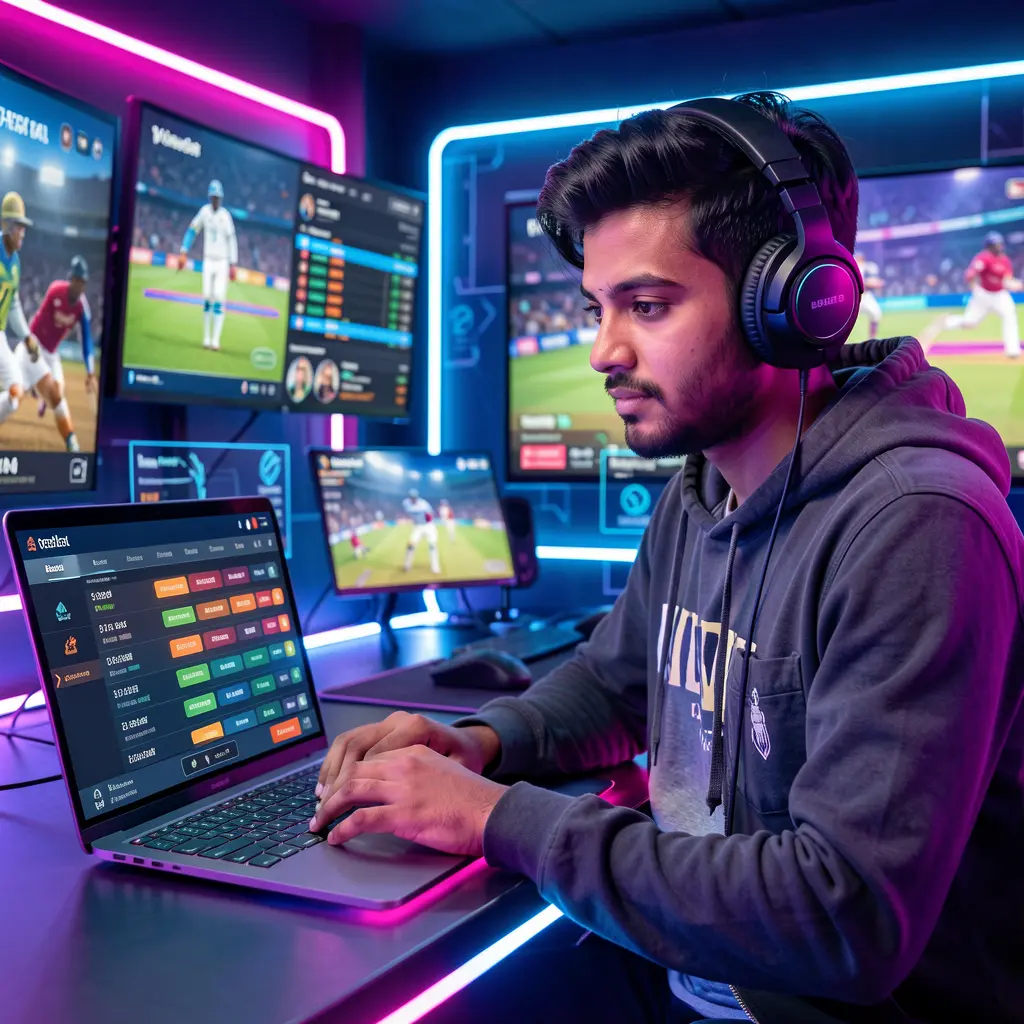 A focused Bangladeshi player using a laptop with the AAGO betting platform interface while watching live cricket action in a neon cyber sports betting setting