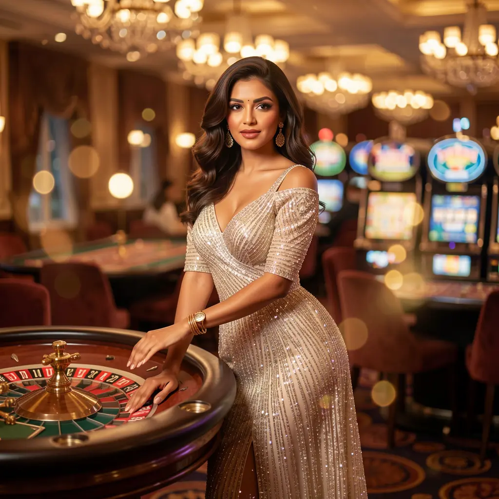 Attractive woman in a glamorous silver dress leaning over a roulette table in a luxury casino setting at AAGO creating a premium gaming mood for players in Bangladesh