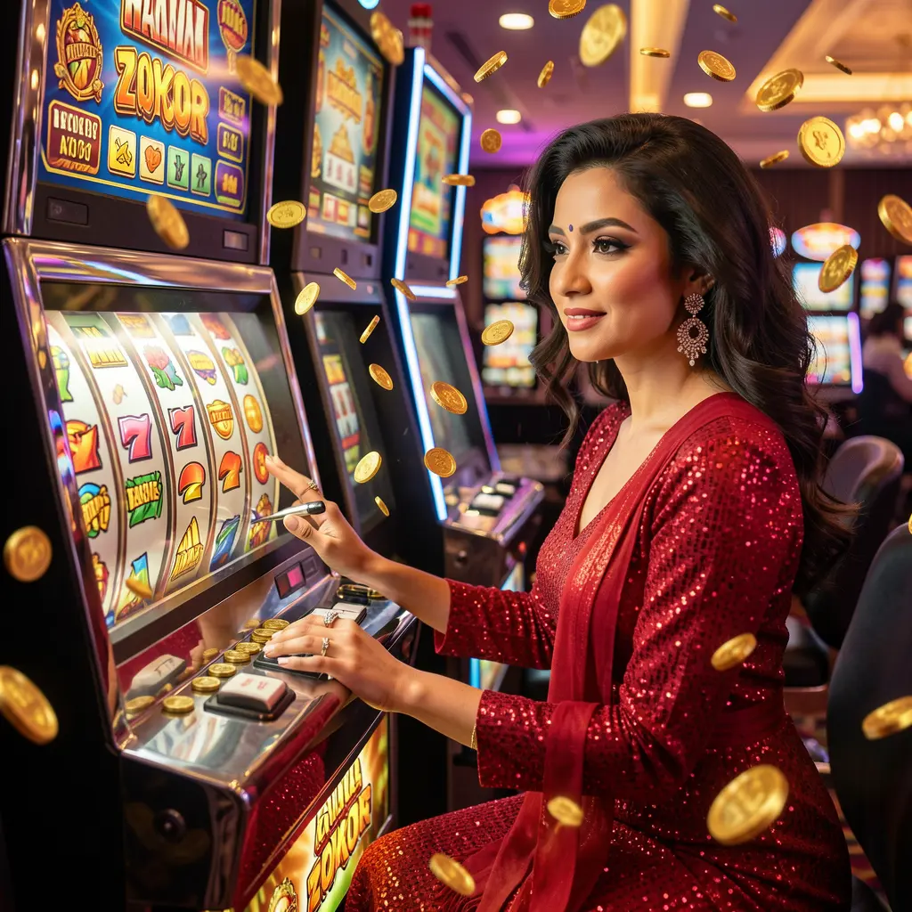 Elegant woman in a sparkling red dress enjoying high quality online slot gameplay with glowing reels and falling coins at AAGO casino in Bangladesh